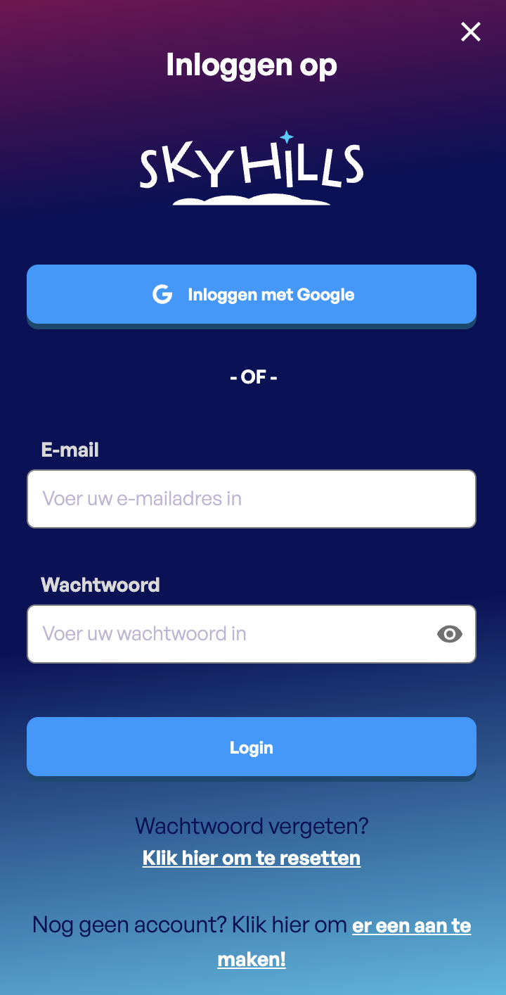 Skyhills login formulier
