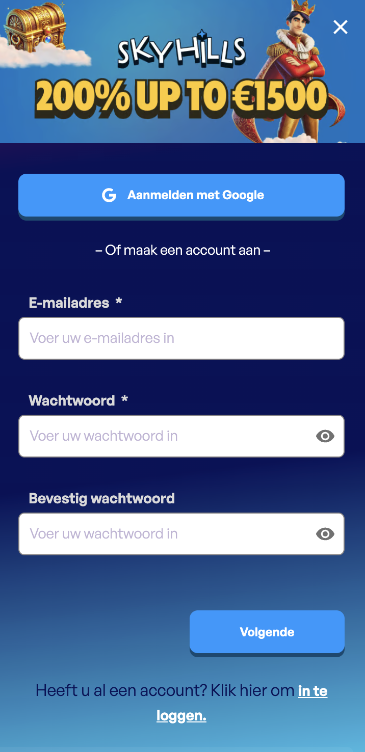 Skyhills Casino registratieformulier
